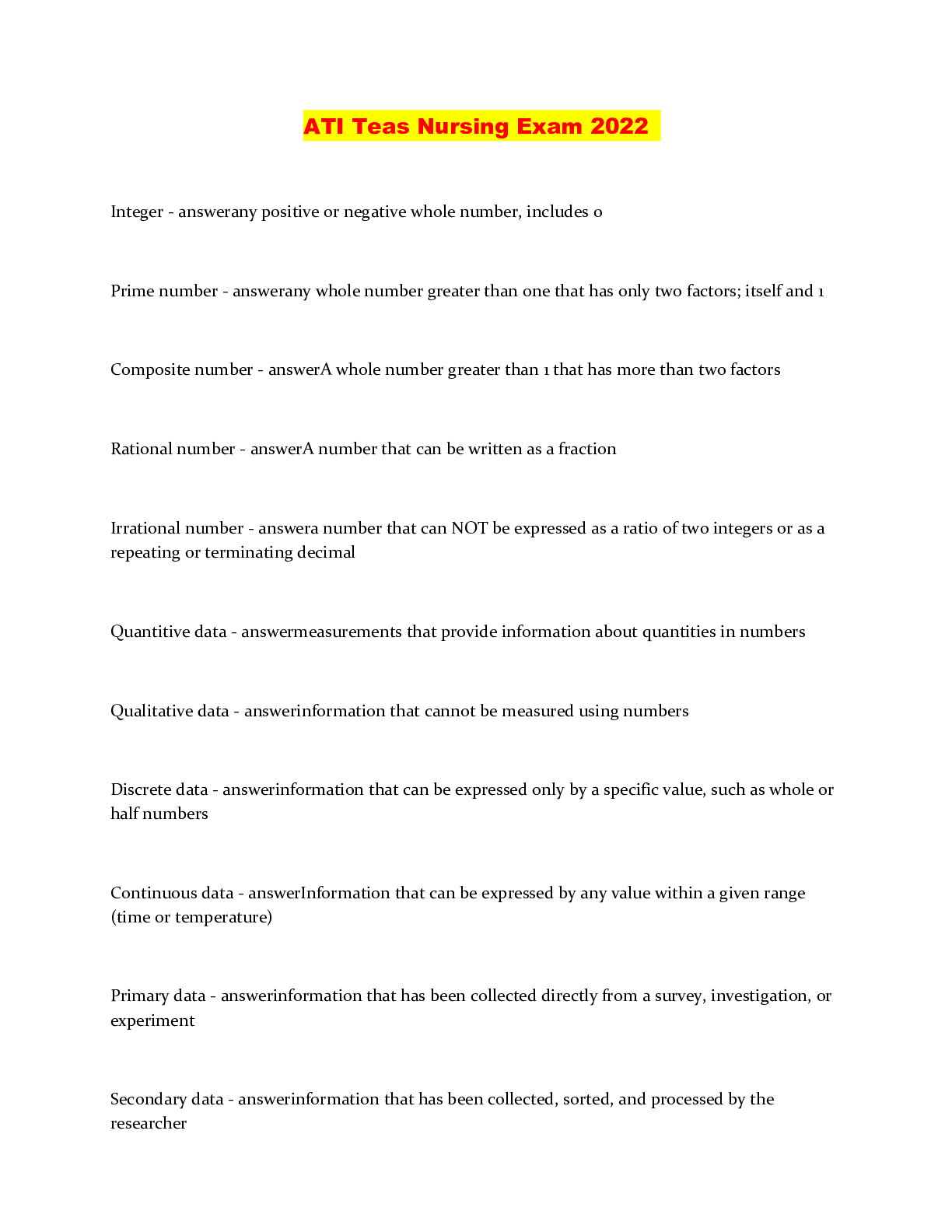 Preview image of ATI Teas Nursing Exam 2022 document